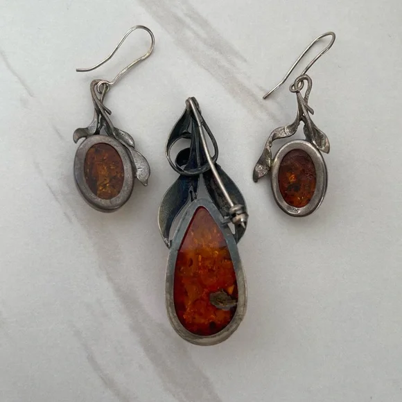 Vintage Sterling silver 925 Baltic Amber necklace pendant pin earrings brooch - Picture 2 of 16